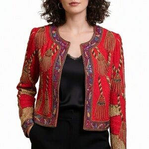 Vintage Laurence Kazar Red Beaded Silk Trophy Jacket 80’s 2X XL Tassels Party